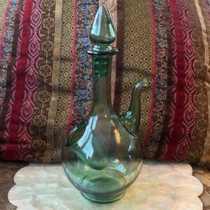 Vintage Hand-Blown Green Glass Italian Wine Decanter with Ice Chamber